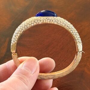 Vintage 1950’s Gold Tone Bangle; Blue Poured Glass Cabochon & Pave Rhinestones